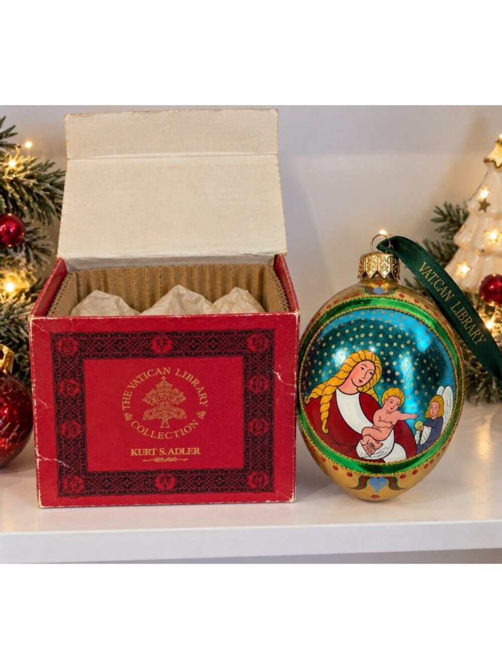 Polonaise Vatican Library Madonna Child Angel Glass Ornament 4" Boxed